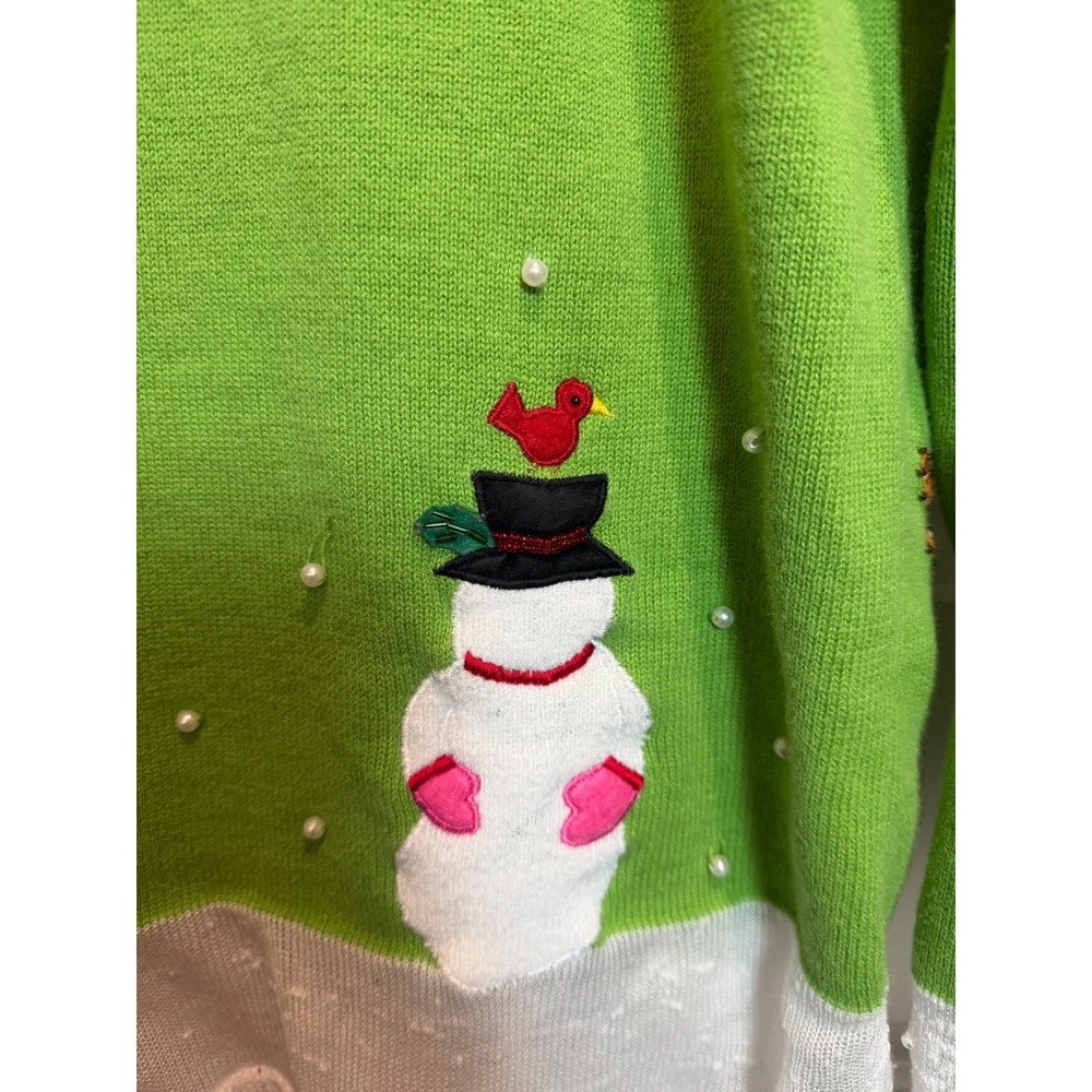 Berek Womens Green Snowman Embellished Zip Up Holiday Christmas Sweater Medium - Picture 7 of 8